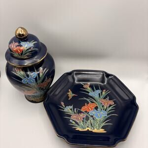 Toyo Japan Gosu Iris Hummingbird 8” Plate & Ginger Jar Urn Porcelain 22K Gold